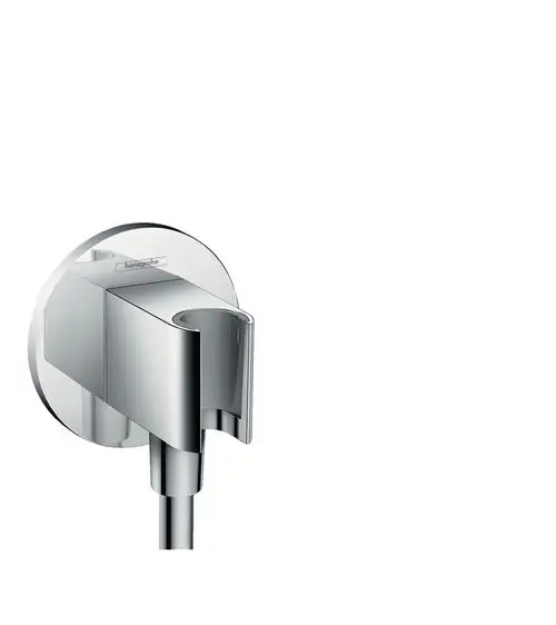 Wandanschluss mit Halter für Brause von Hansgrohe, aus verchromtem Material, mit runder Wandplatte und montiertem Schlauchanschluss.